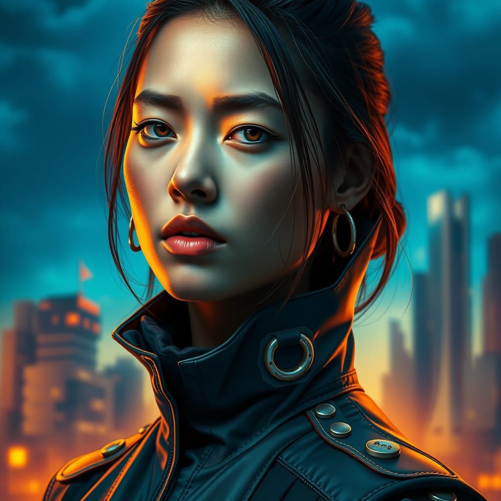 Woman with Unwavering Gaze in Futuristic Cityscape