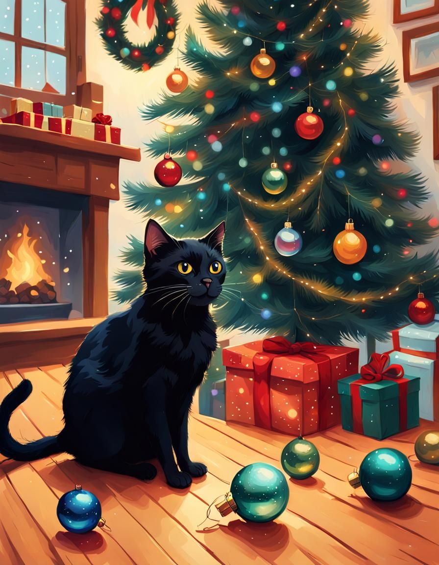 Black Cat Enjoys Christmas Ornament