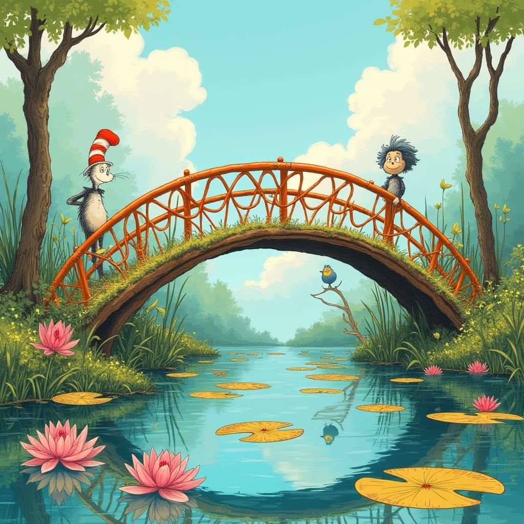 Whimsical Water Lilies Bridge in Beatrix Potter Style