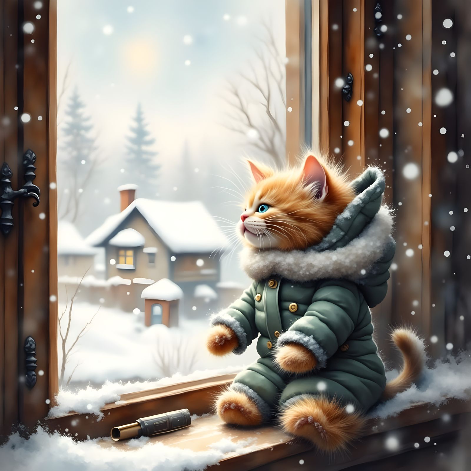 Adorable Cat in Antique Watercolor Style, Fleeing the Cold