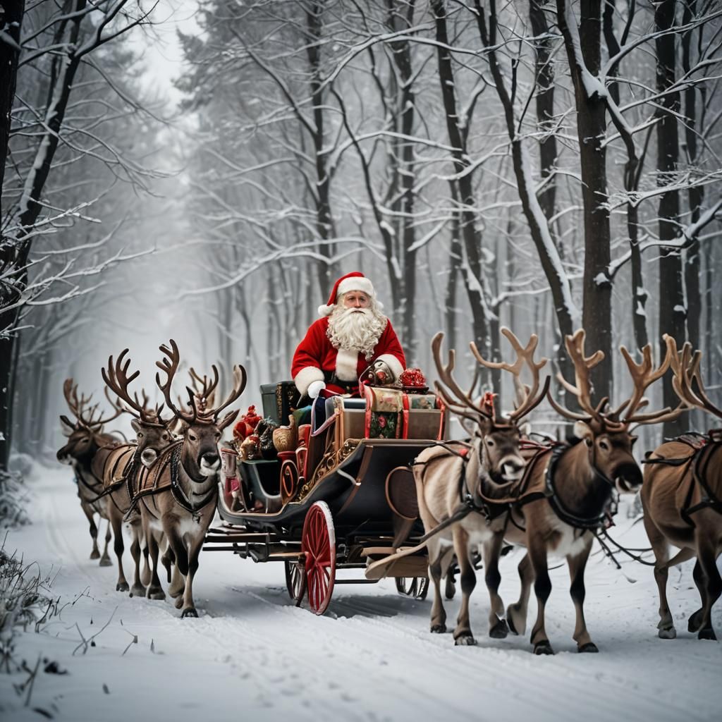 Santa Claus Sleigh Ride Through Winter Forest