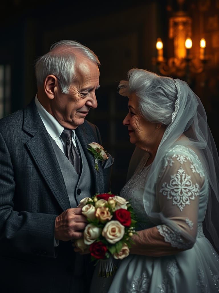 Elderly Couple's Wedding Day in Hyperrealistic Detail