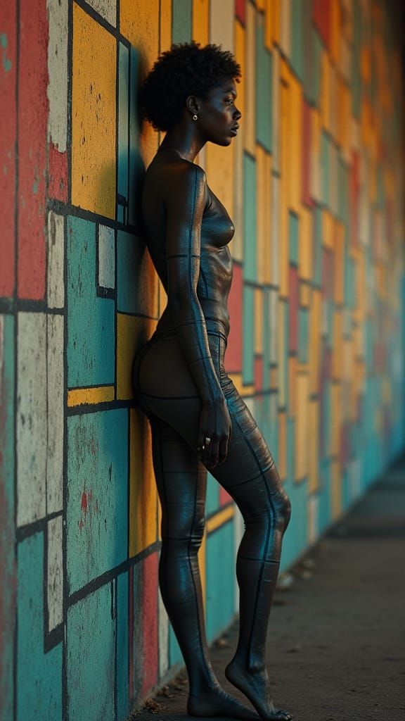Surreal Urban Portrait: Woman Merging with Geometric Wall
