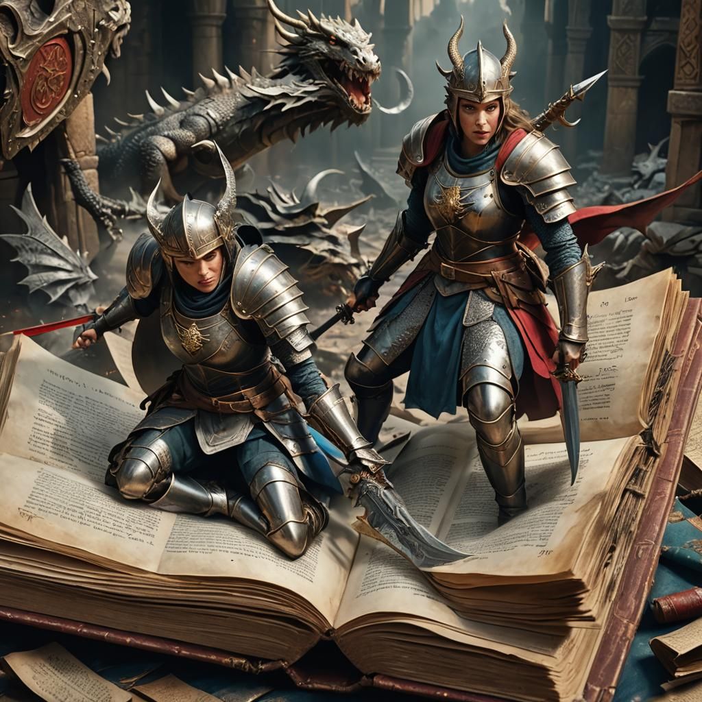 Medieval Warriors Bursting from Book, Fantasy Art