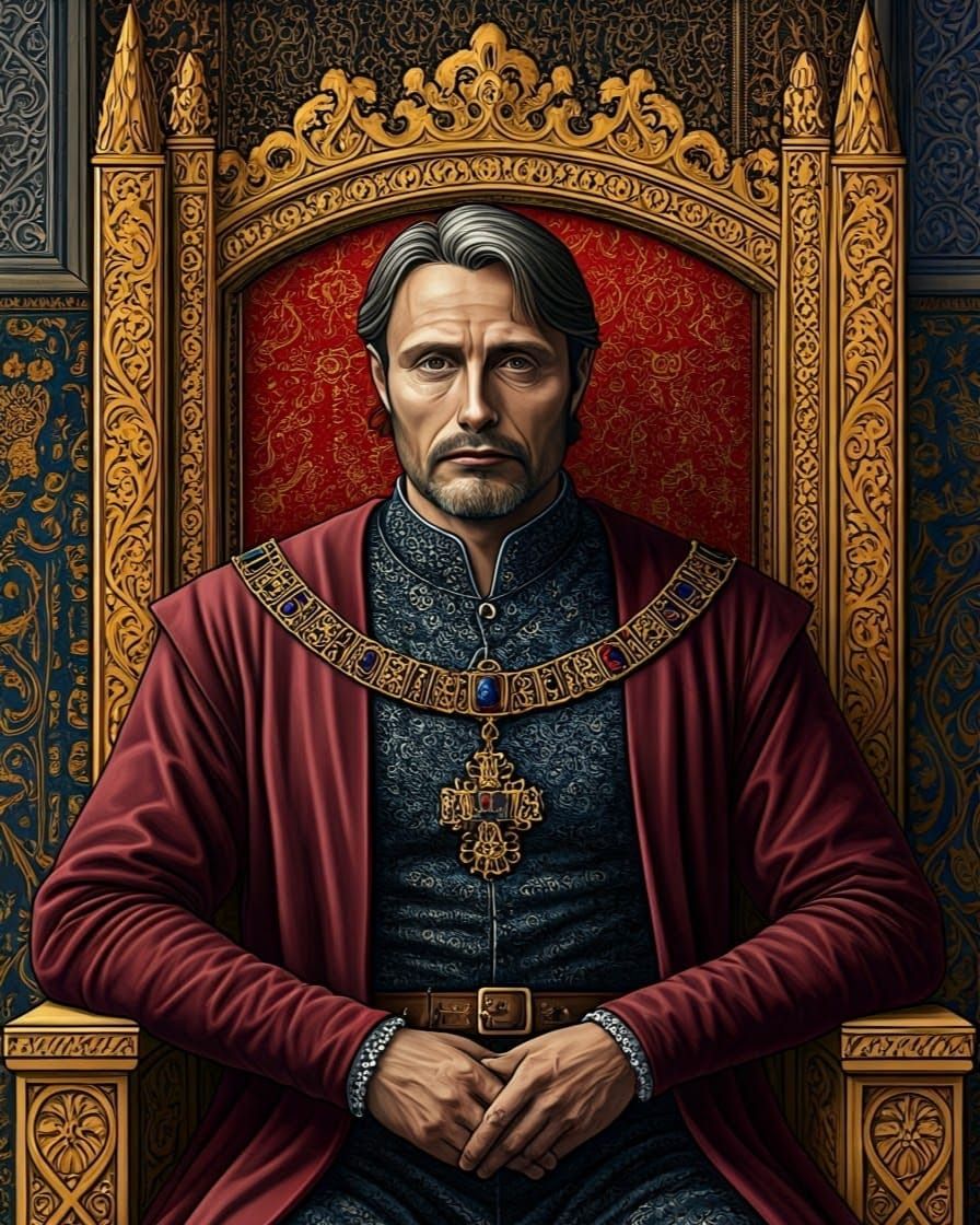 Medieval King Mads Mikkelsen Portrait in Regal Illuminated S...