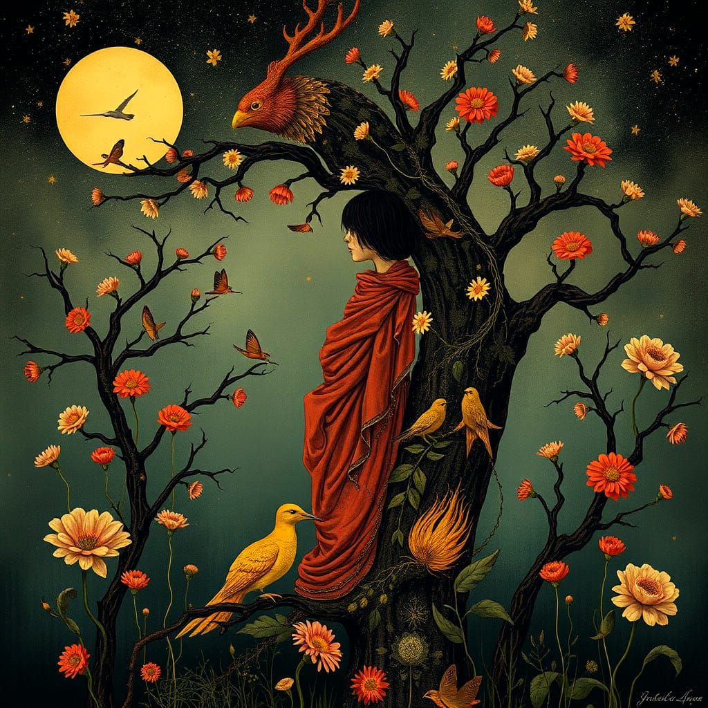 Dark Maximalist Floral Collage in Folk Art Style