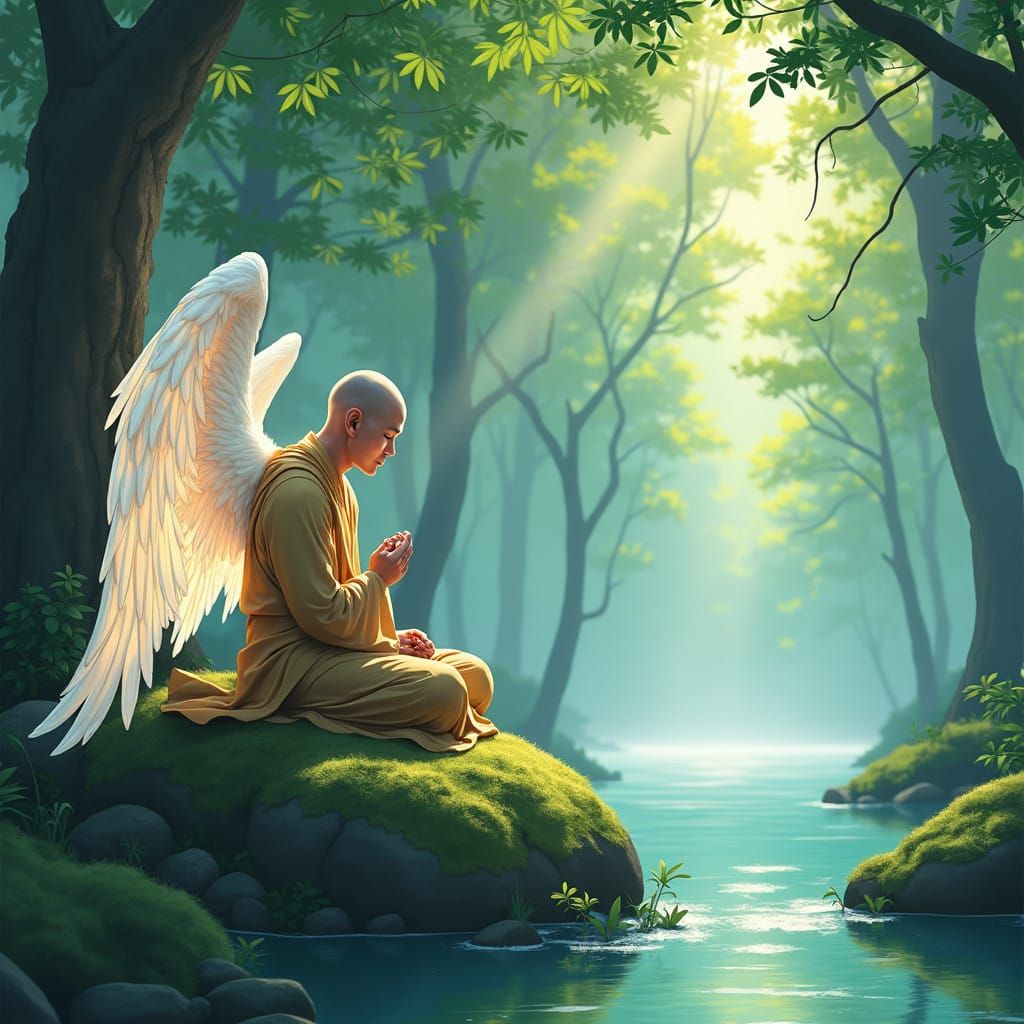 Angel and Monk in Tranquil Forest Clearing, Anime-Inspired