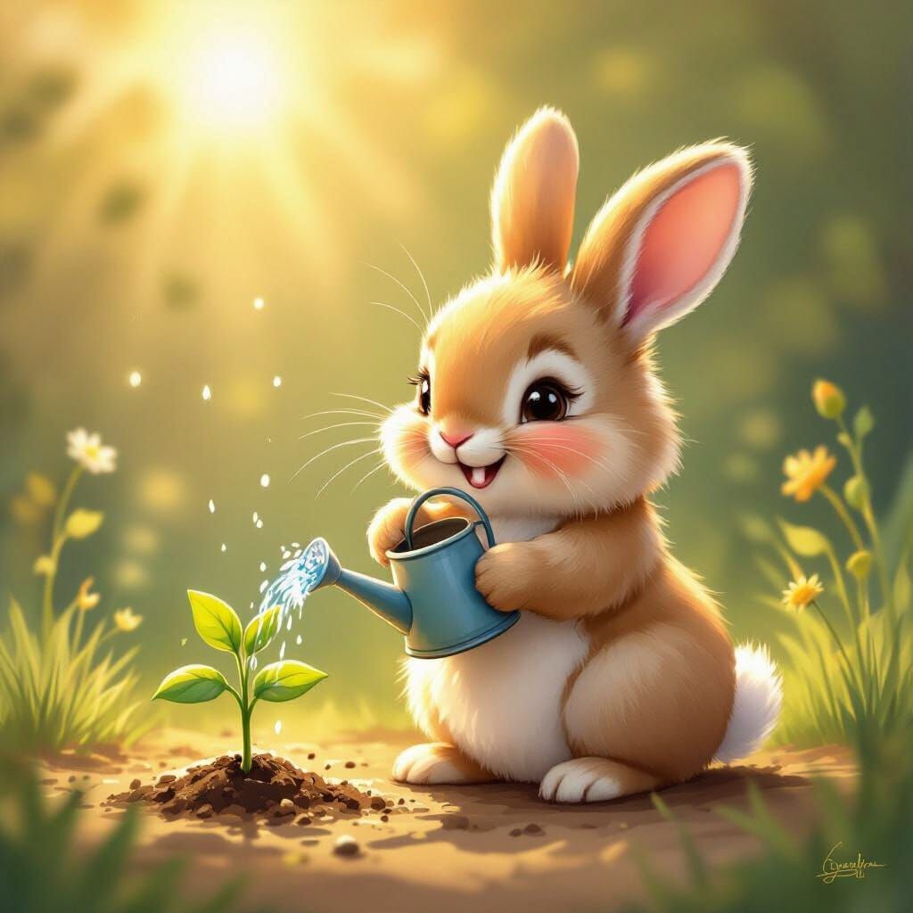 Proud Bunny Waters Seedling in Sunny Storybook Scene