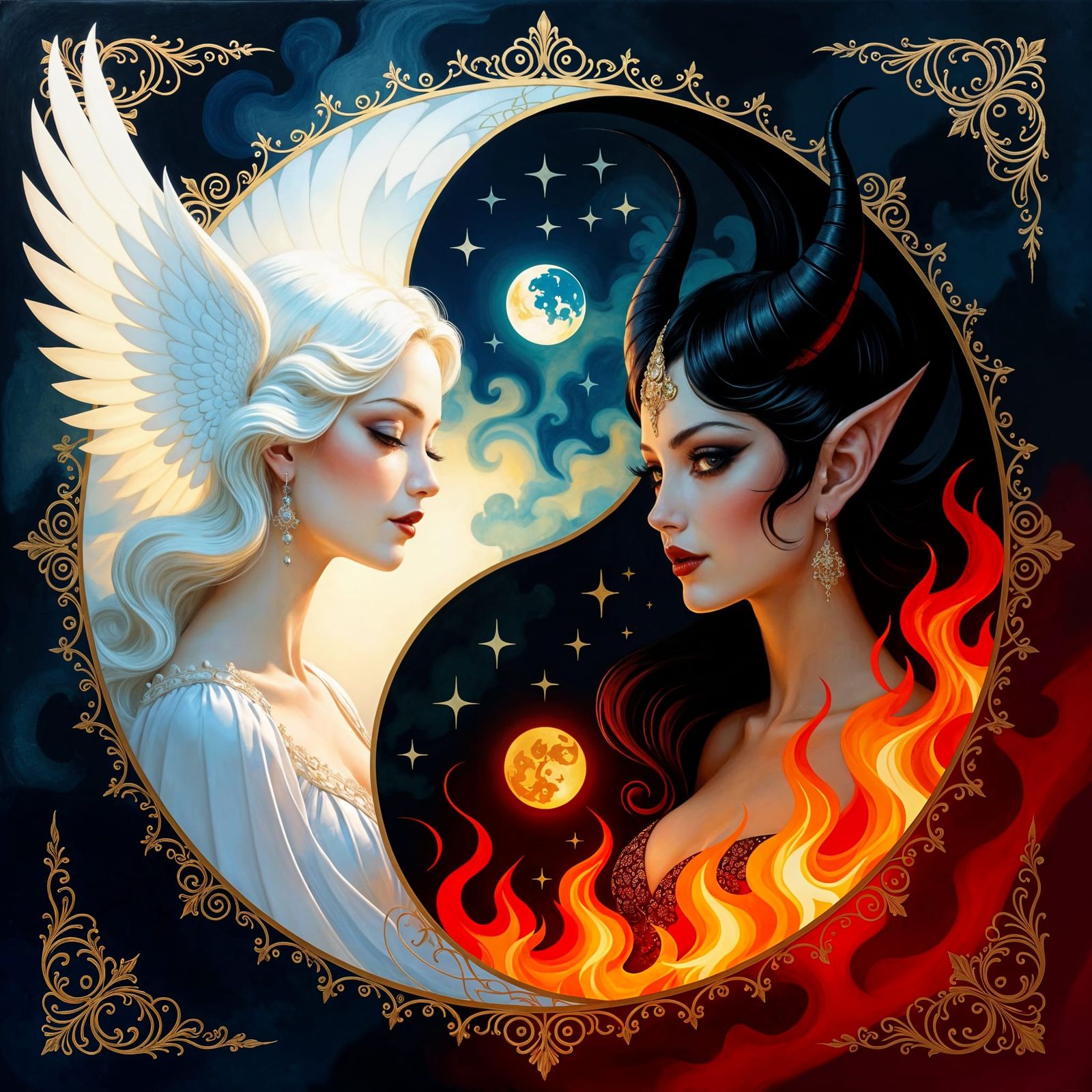 Angel and Demon Yin Yang in Impressionist Style