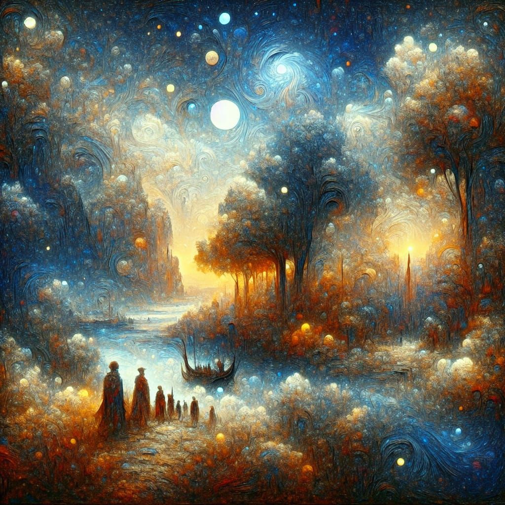 Create a Illustration of live in Mystical land, Pallet Knife and Brodery Effect, Moonbeam1212 Trending, Clean Oil Ink Ai...