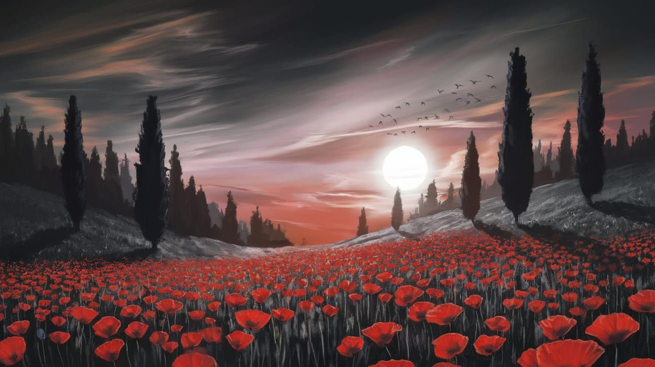 Vibrant Red Poppy Field Under Dramatic Sunset Sky