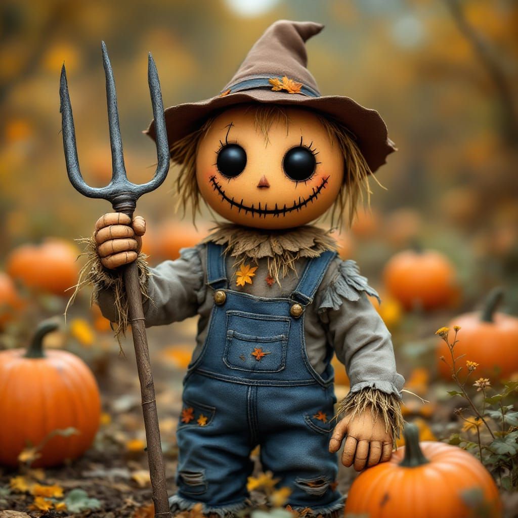 Whimsical Scarecrow in Autumn Pumpkin Patch