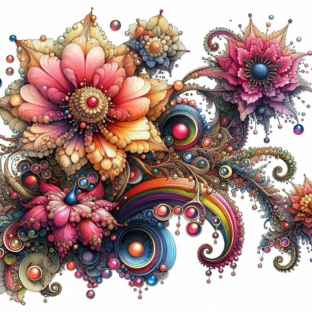 Dewdrops on Fantasy Flowers as Detailed Graphic Art