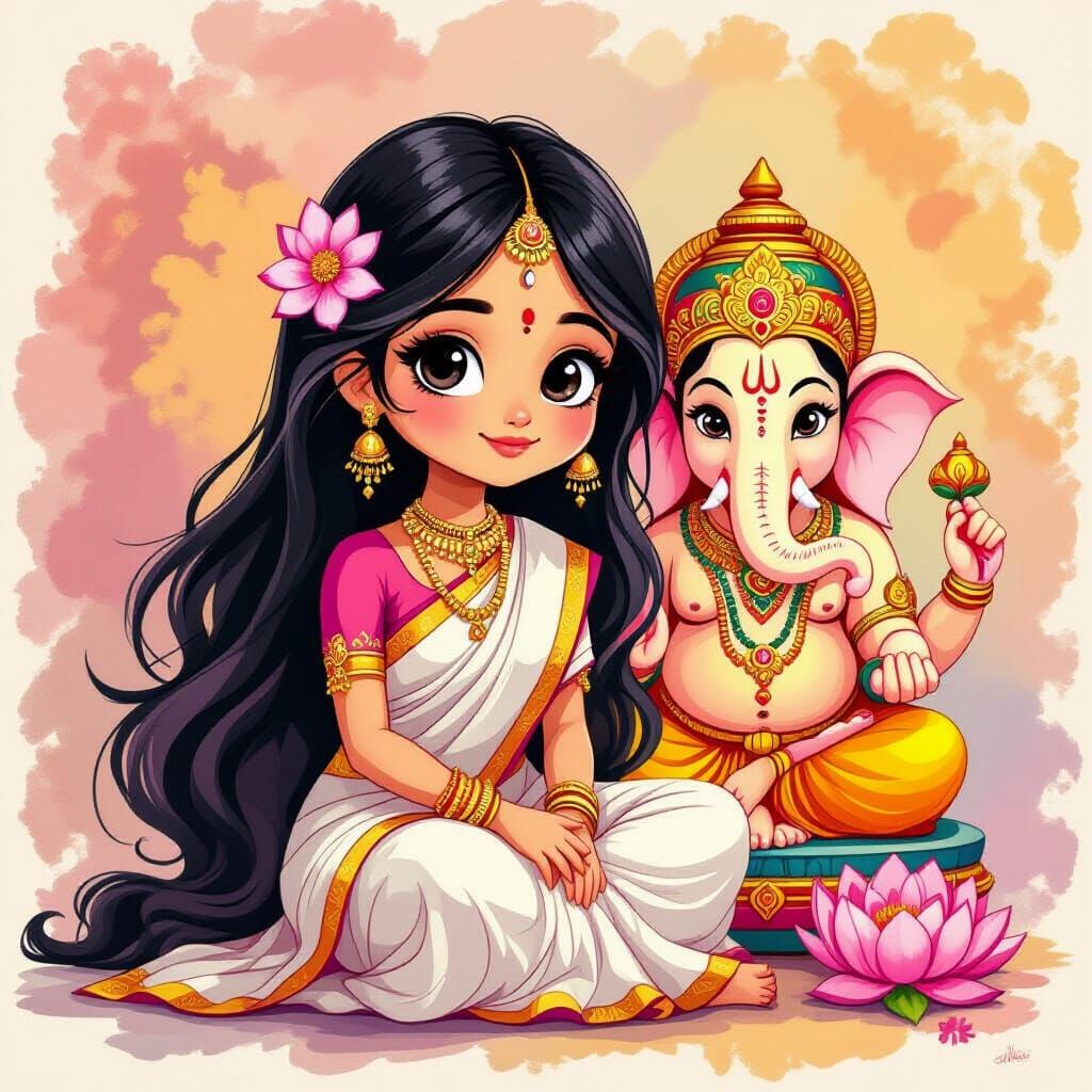 Indian Girl and Ganesh Statue in Pencil Sketch Style