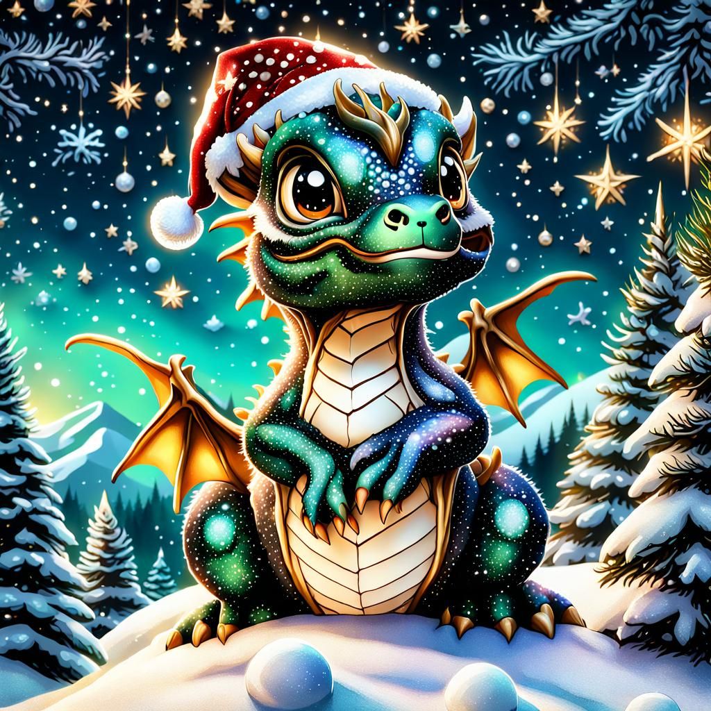 Adorable Christmas Dragon in Winter Wonderland