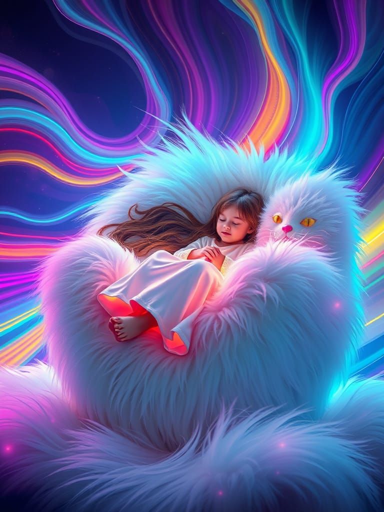 Girl Sleeps in Cat Chair with Rainbow Winds