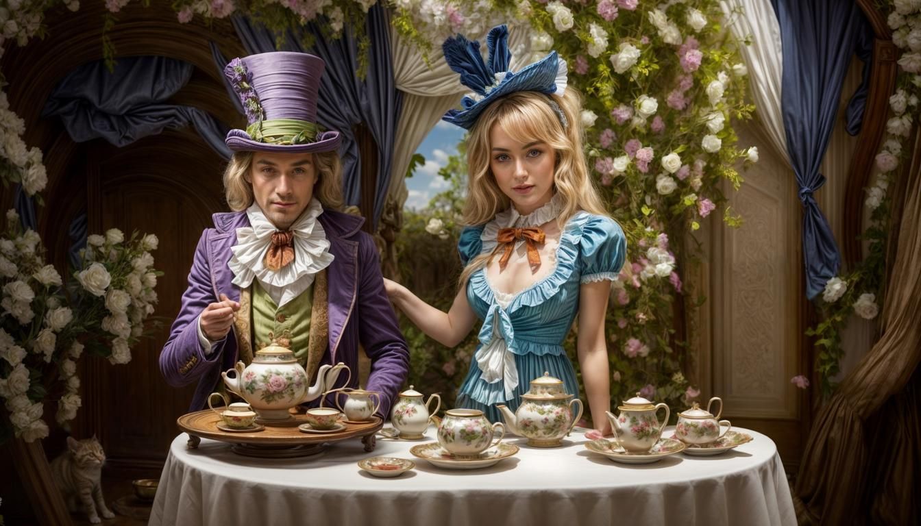 Alice and the Mad Hatter are sat around a table lavishly laid out with cup cakes a large tea pot and cups everywhere.