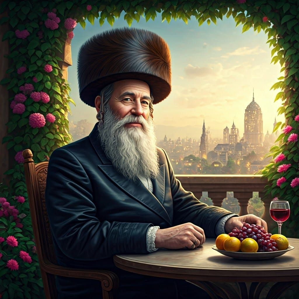 Smiling Hasidic Man on Balcony in Fantasy Art Style
