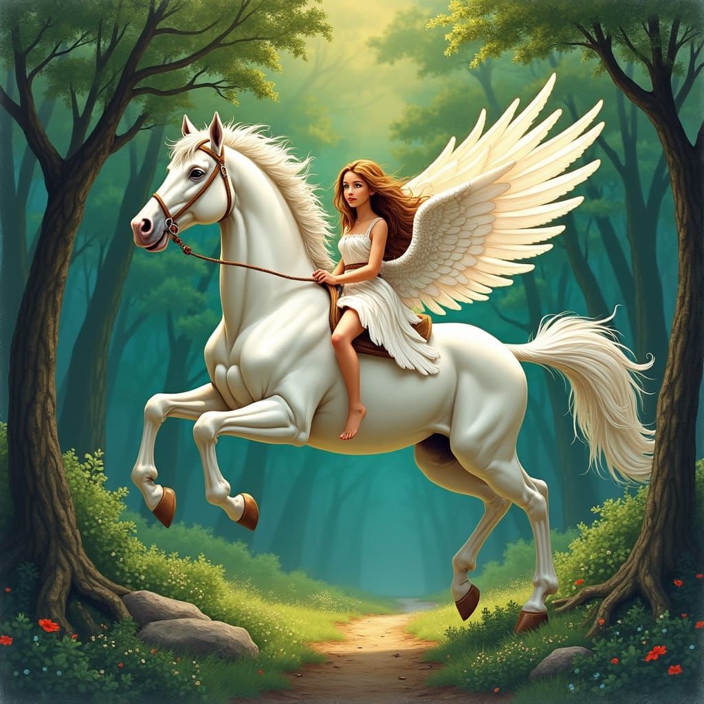 Girl on Pegasus Soaring Above Forest