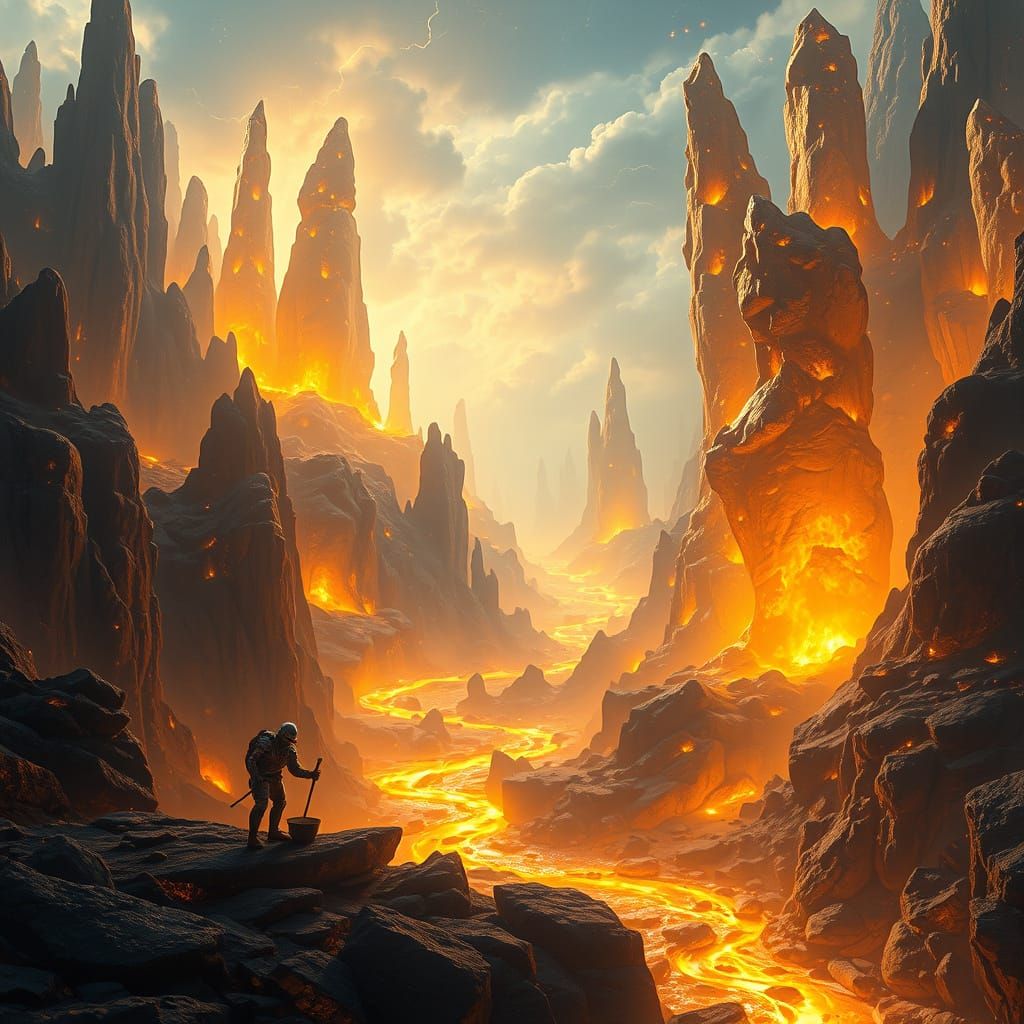 Surreal Landscape of Golden Rivers and Crystal Formations in...