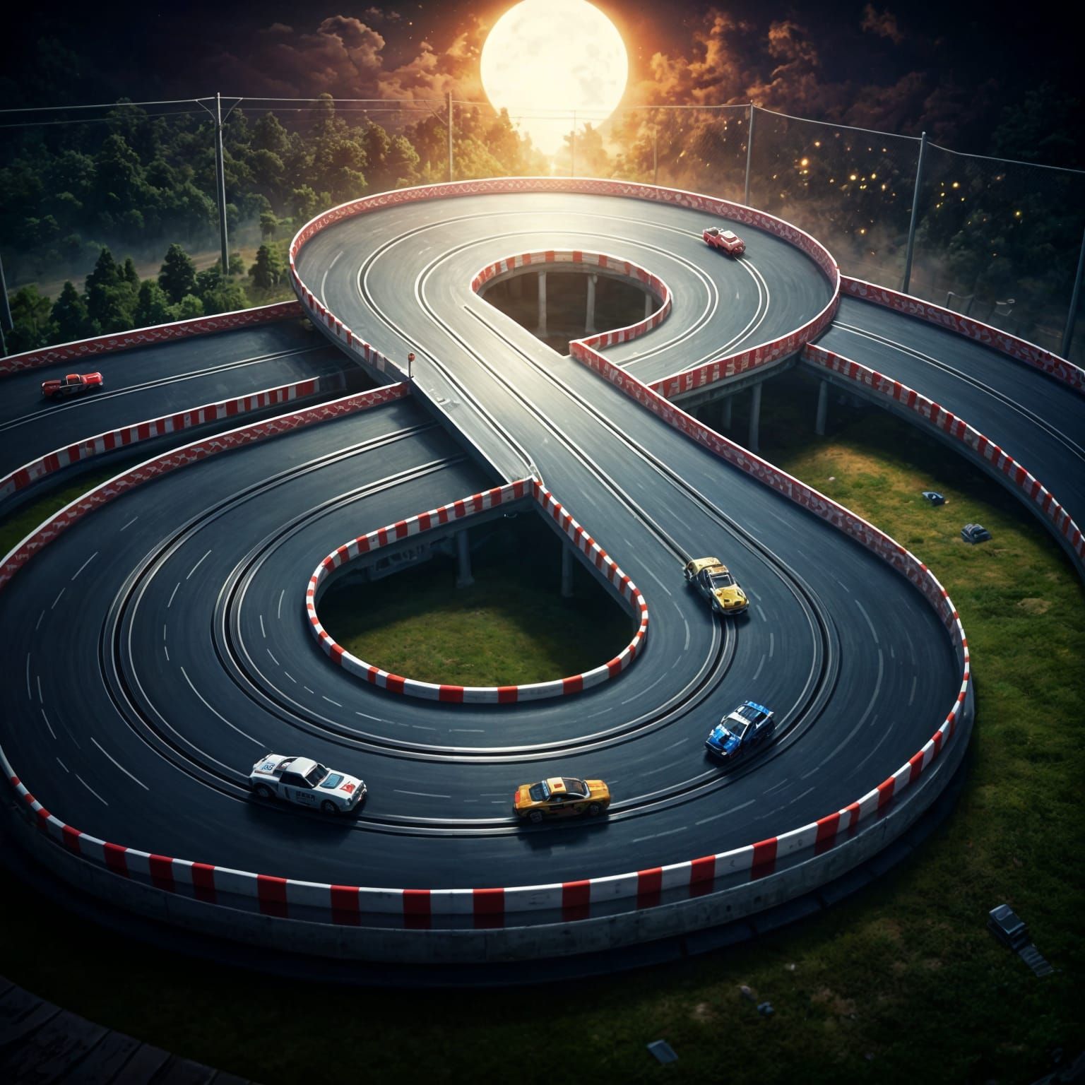 Vibrant 8-Shaped Slot Car Track in Hyperrealistic Mid Shot