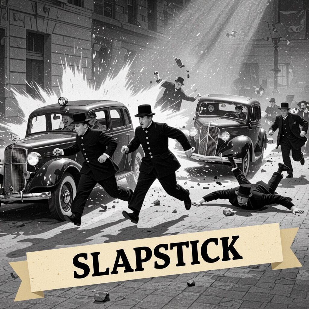 Keystone Cops Slapstick Chase in Silent Film Style