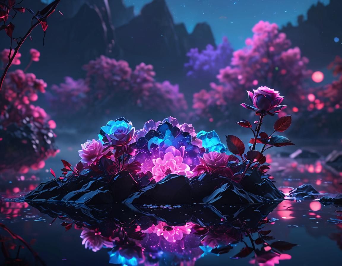 Holographic Crystal Geode Reflecting on Lake in Anime Style