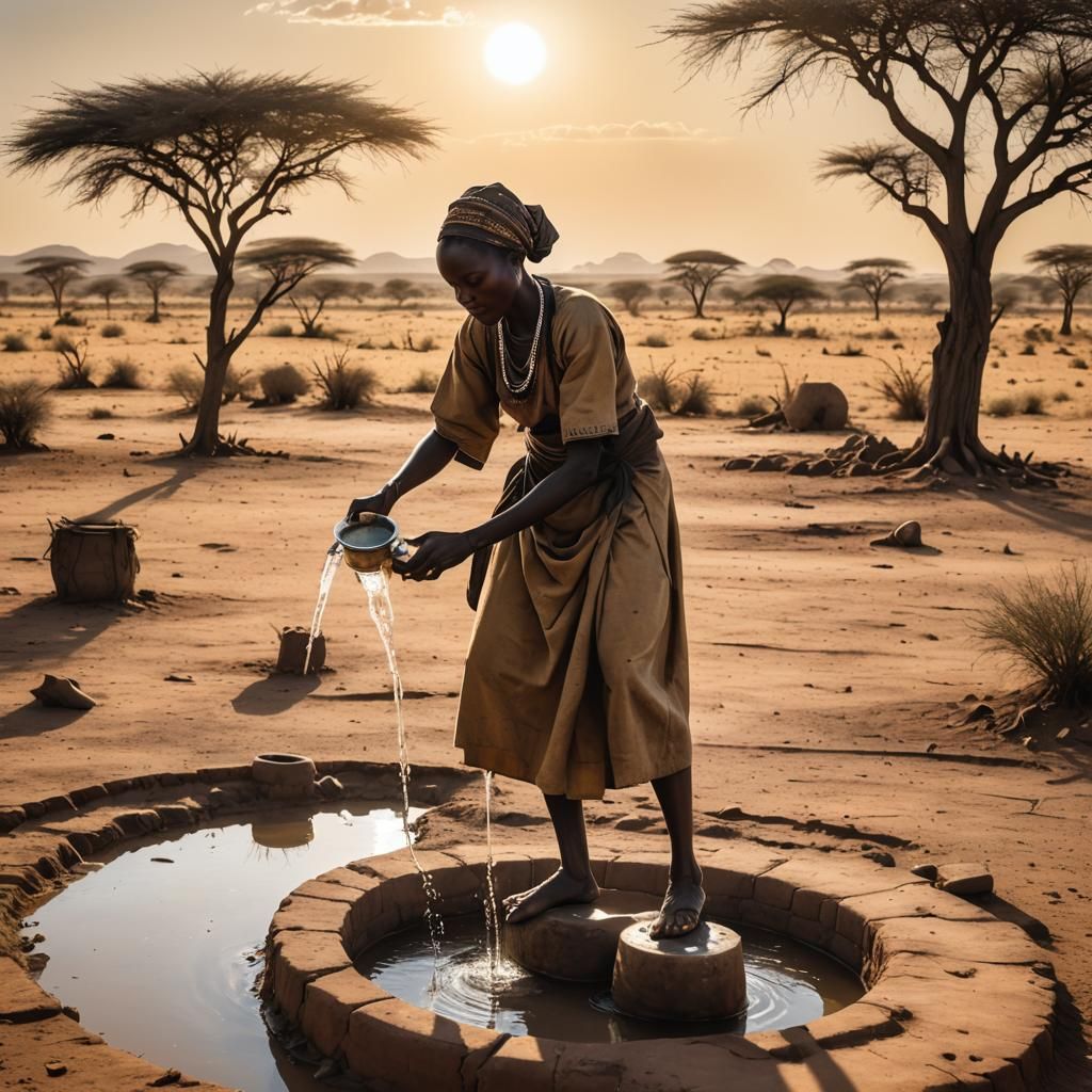 African Girl Draws Water in Drought-Stricken Landscape
