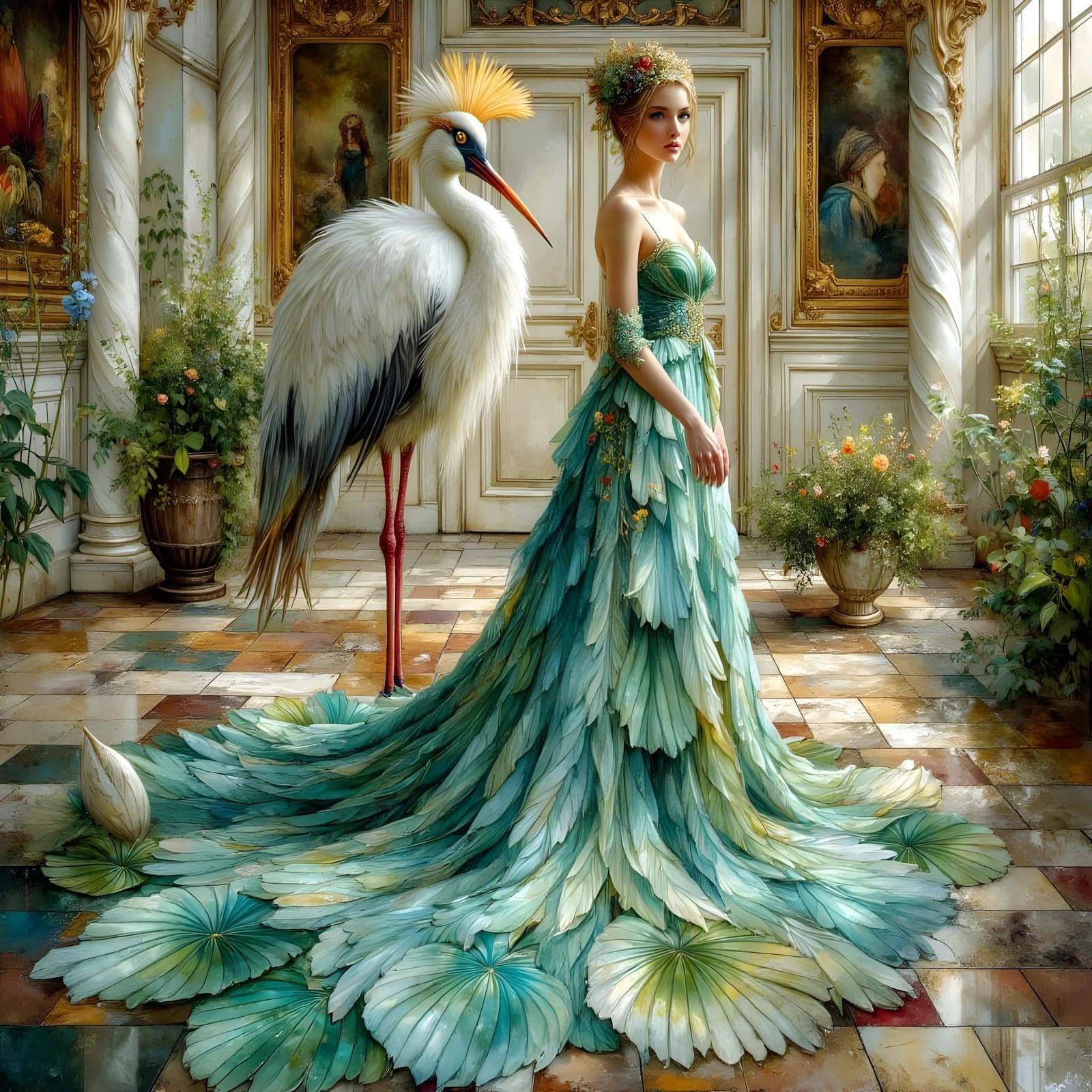 Woman with Bird in Ornate Ballroom, Atmospheric Masterpiece