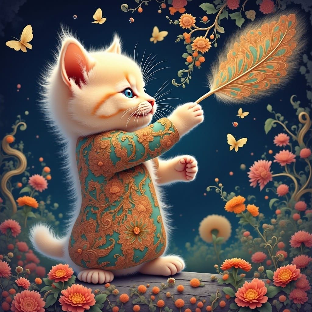 Playful Kitten Close-Up with Feather