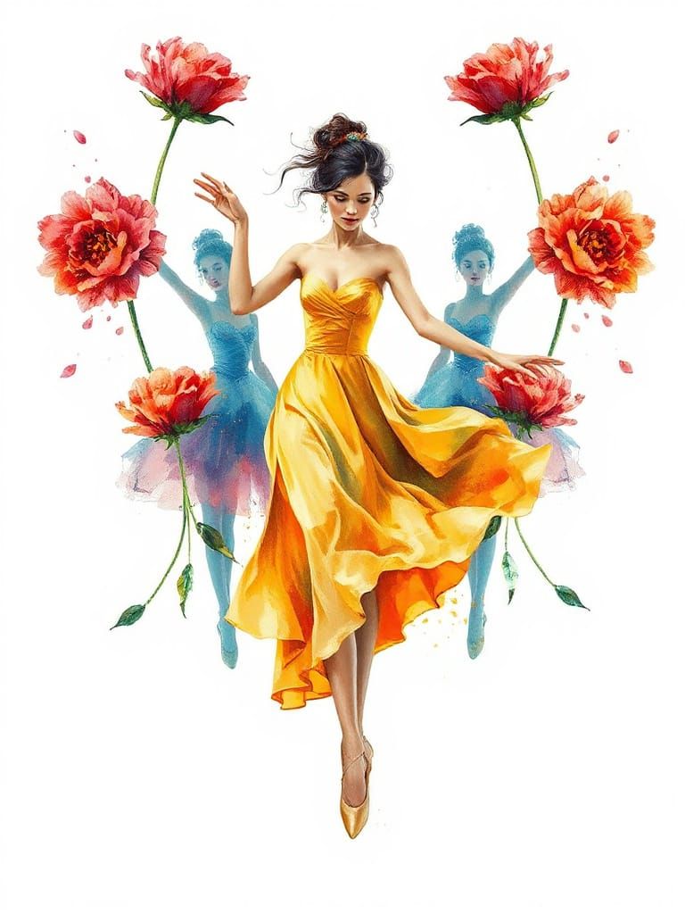 Ethereal Ballerina Dances Among Floral Icons in Whimsical Wa...