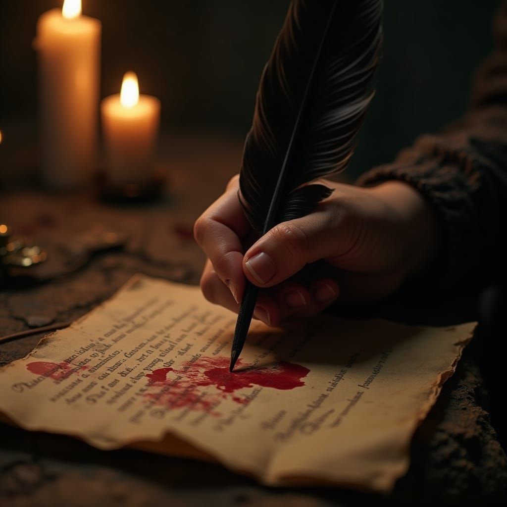 Gothic Horror: Hand Writes Letter in Blood with Quill
