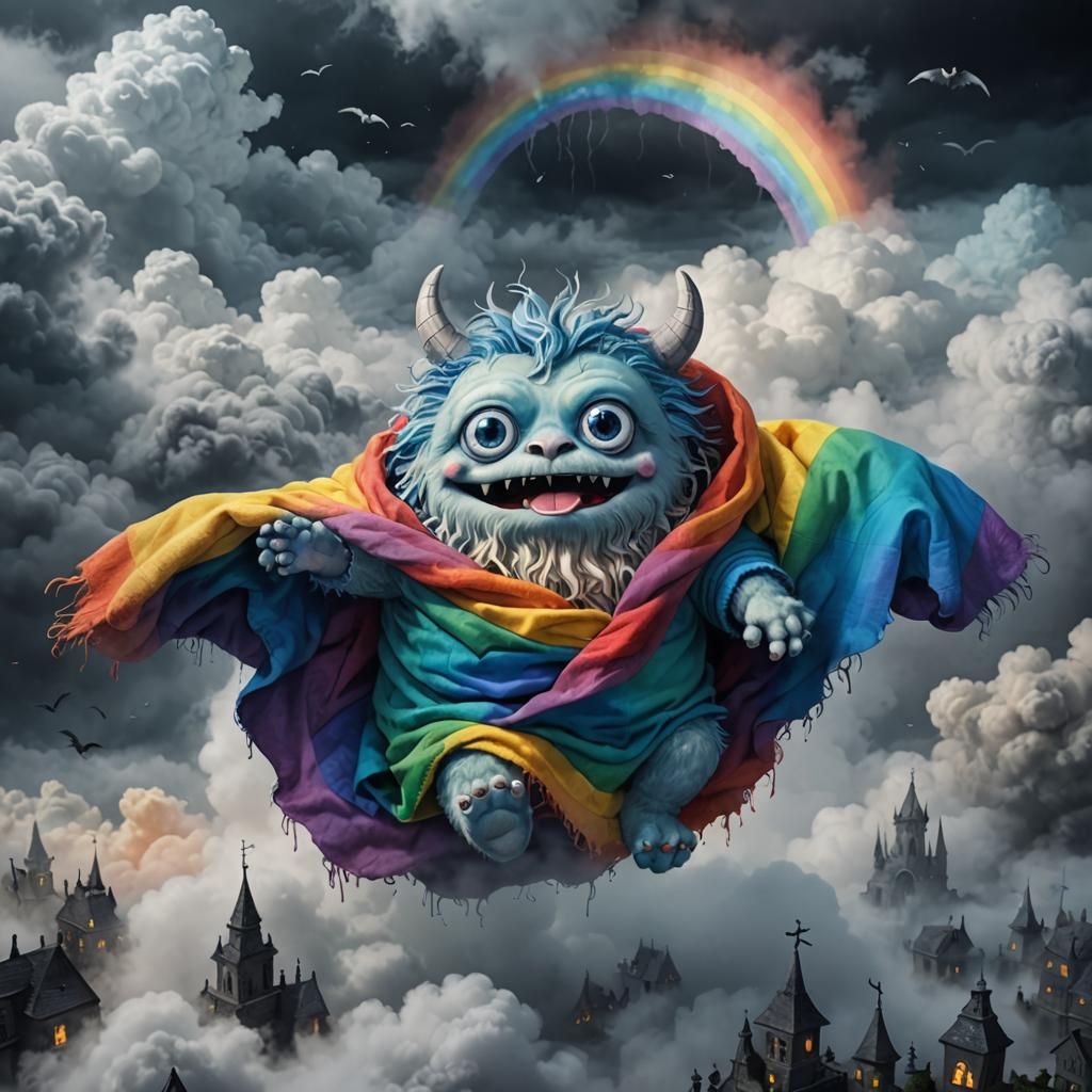 Adorable Monster on Clouds Above Graveyard