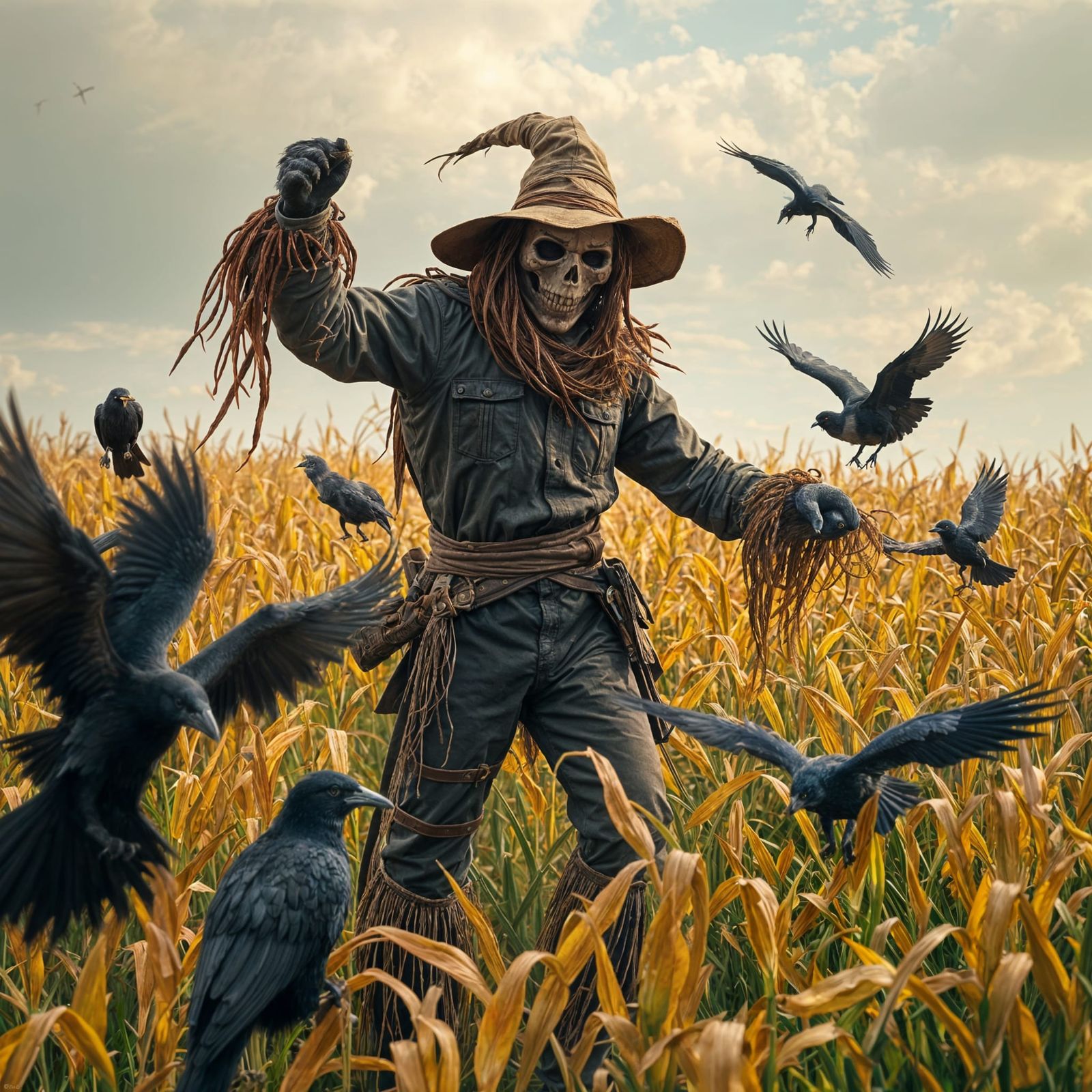 Brave Scarecrow Defends Cornfield: Detailed Matte Painting