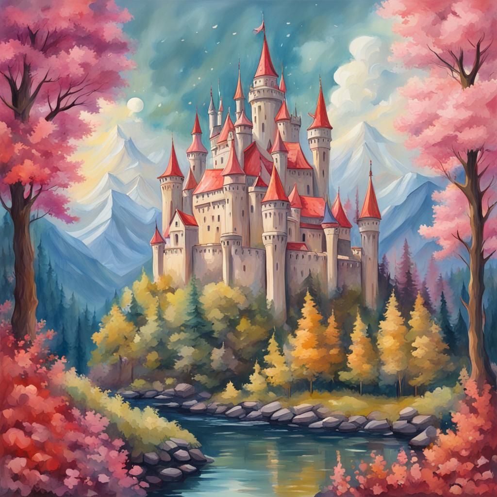 Detailed Gouache Painting of Magical Castle