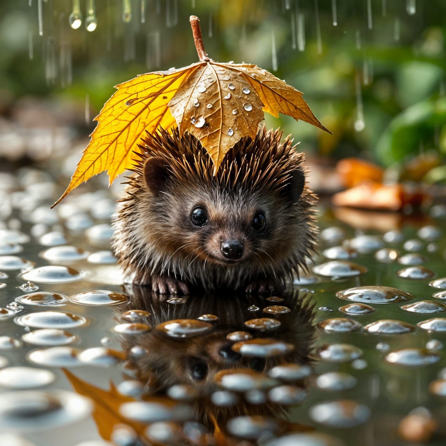 Hedgehog with Maple Leaf Umbrella in Rain