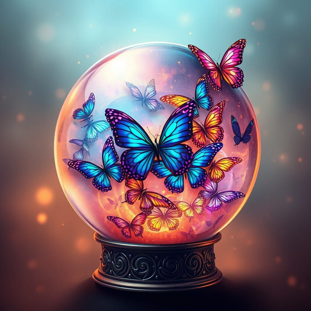 Whirlwind of Iridescent Butterflies in a Shifting Globe