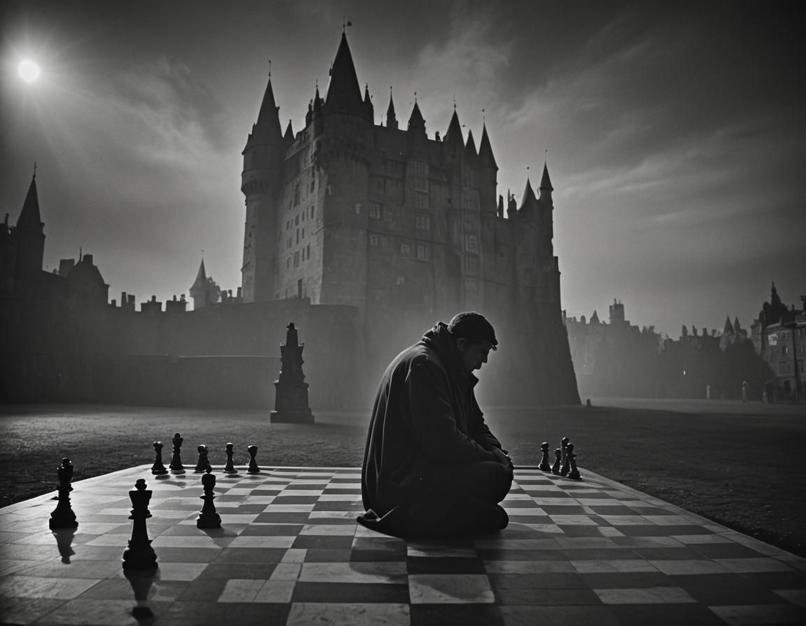 Dramatic Chessboard Scene in Film Noir Style