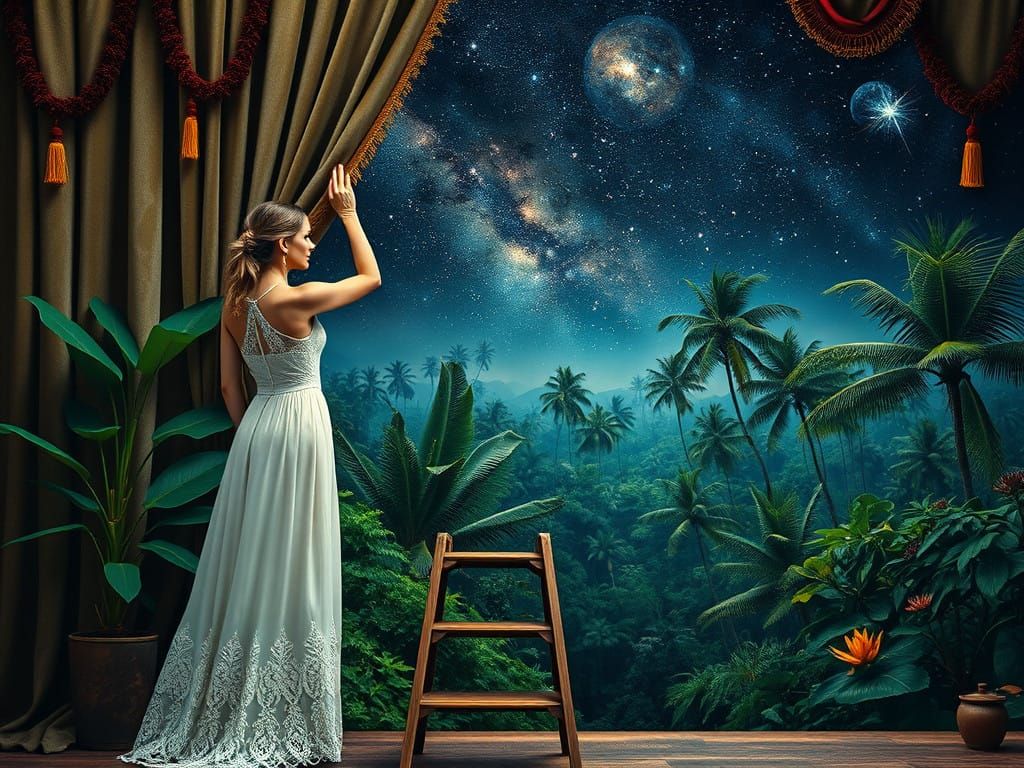 Enchanting Tropical Jungle Revealed Through Velvet Curtain i...