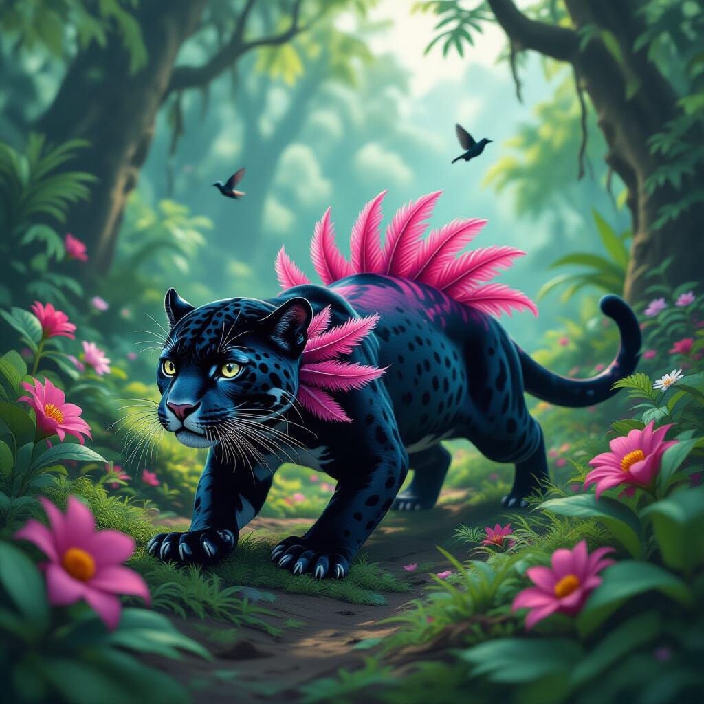 Surreal Jaguar with Axolotl Gills in Rainforest