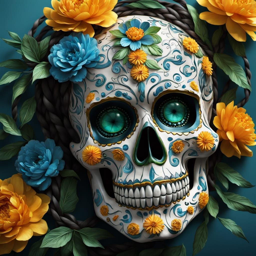 Braided Steel Sugar Skull with Flowers