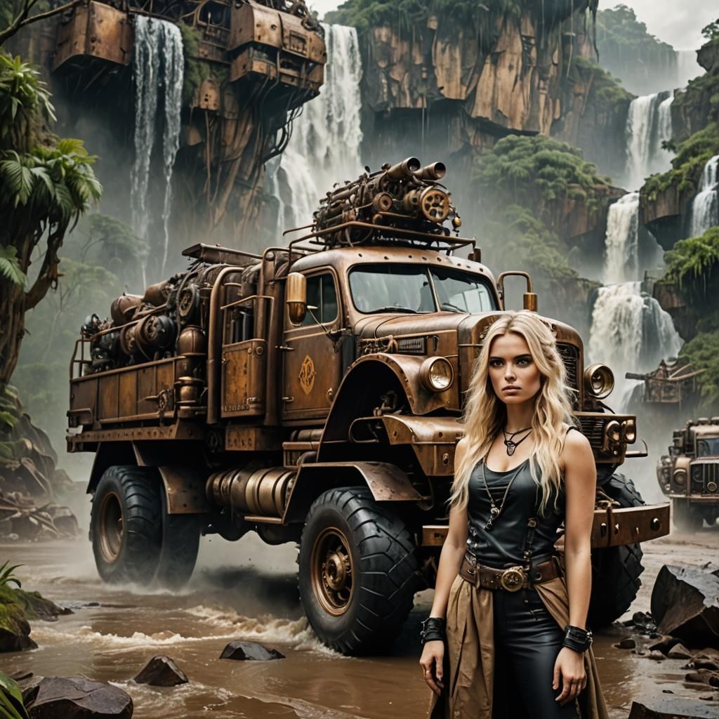Steampunk Girl and Truck in Mad Max Jungle