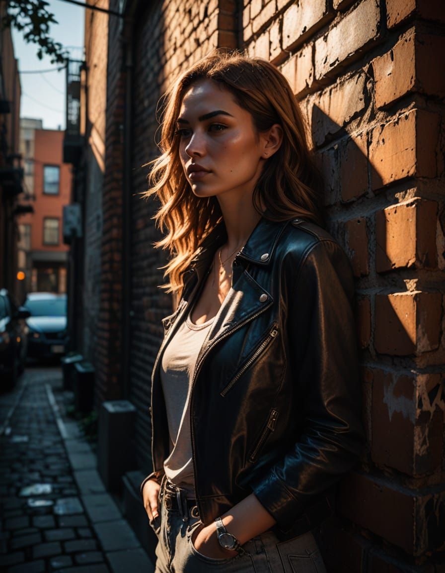 Young Woman in Urban Alleyway, Hyper-Realistic Style