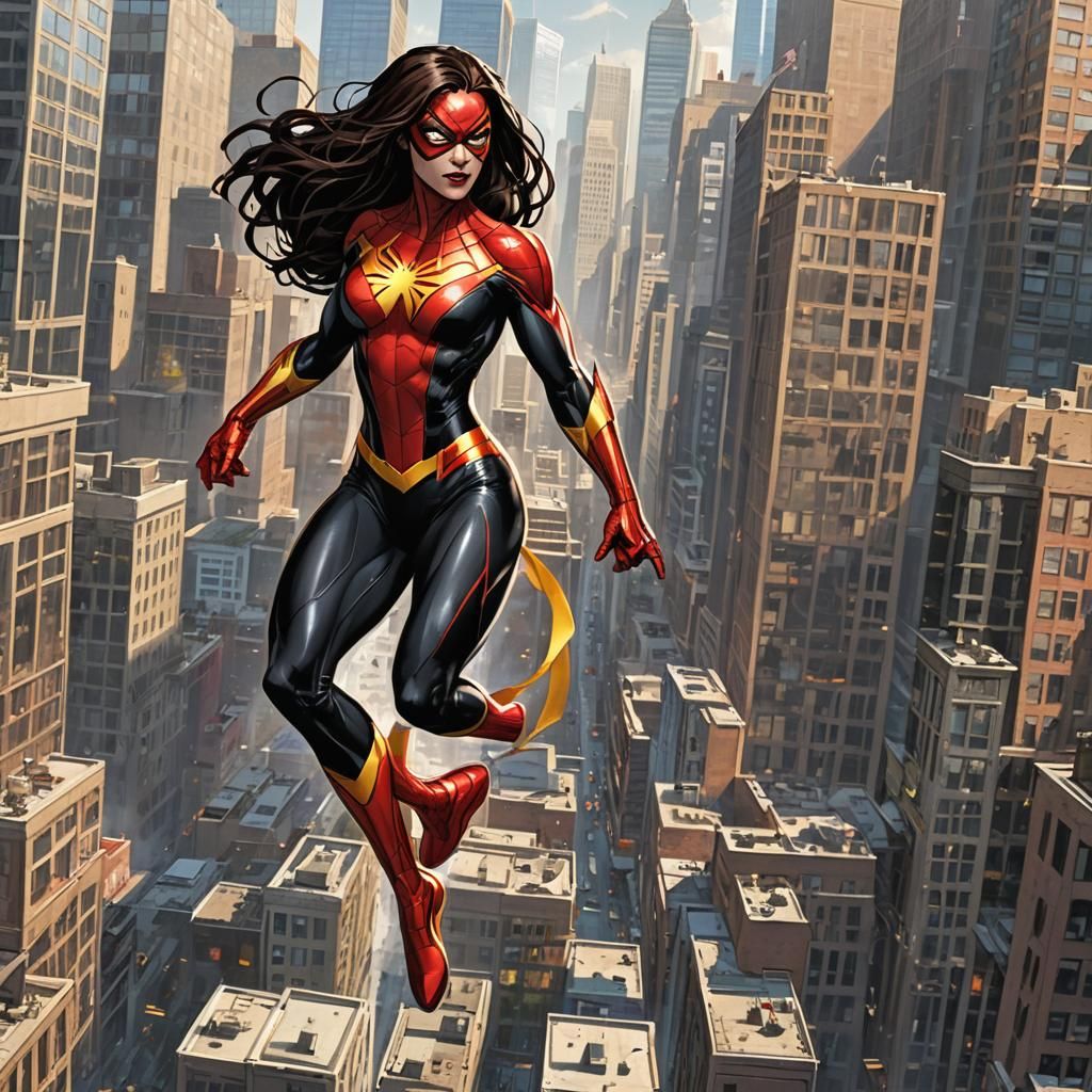 Spider-Woman Swings Through Cityscape in Digital Art
