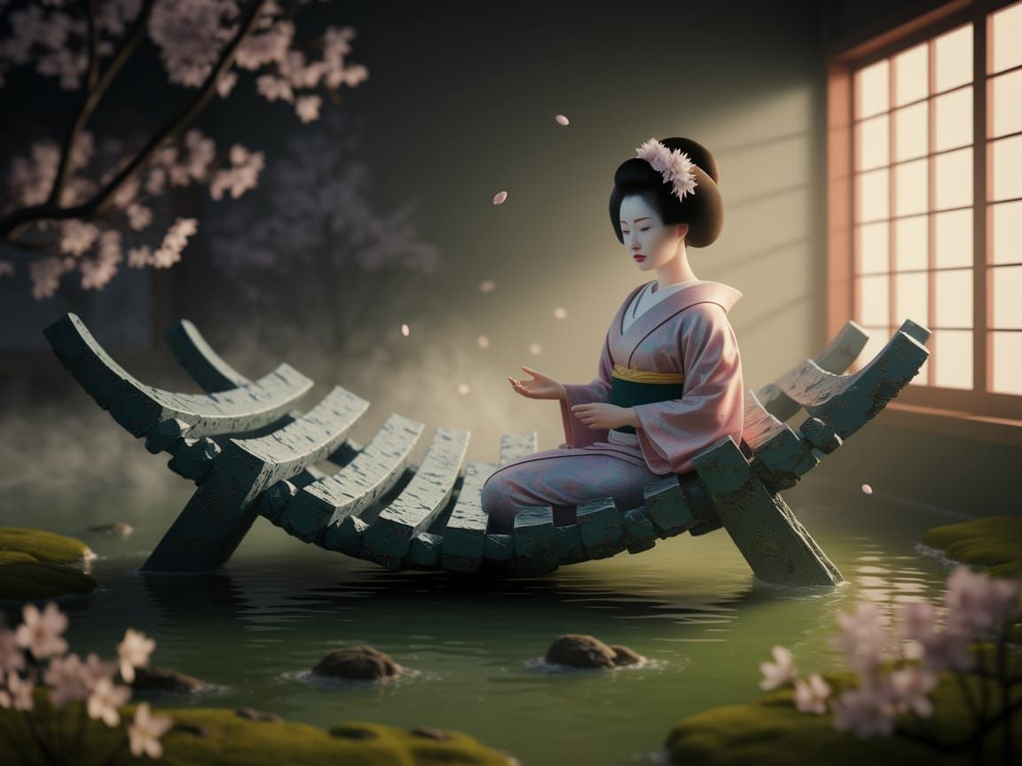 A Serene Japanese Garden Scene in Hyperrealistic Style