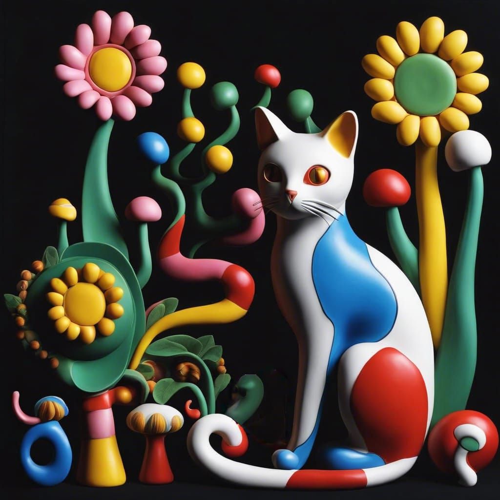 Matte Vibrant colors Polka dots eyes Jean Arp Surrealism Jean Arp 3d pottery clay sculpture Cat Weird strange pottery cl...