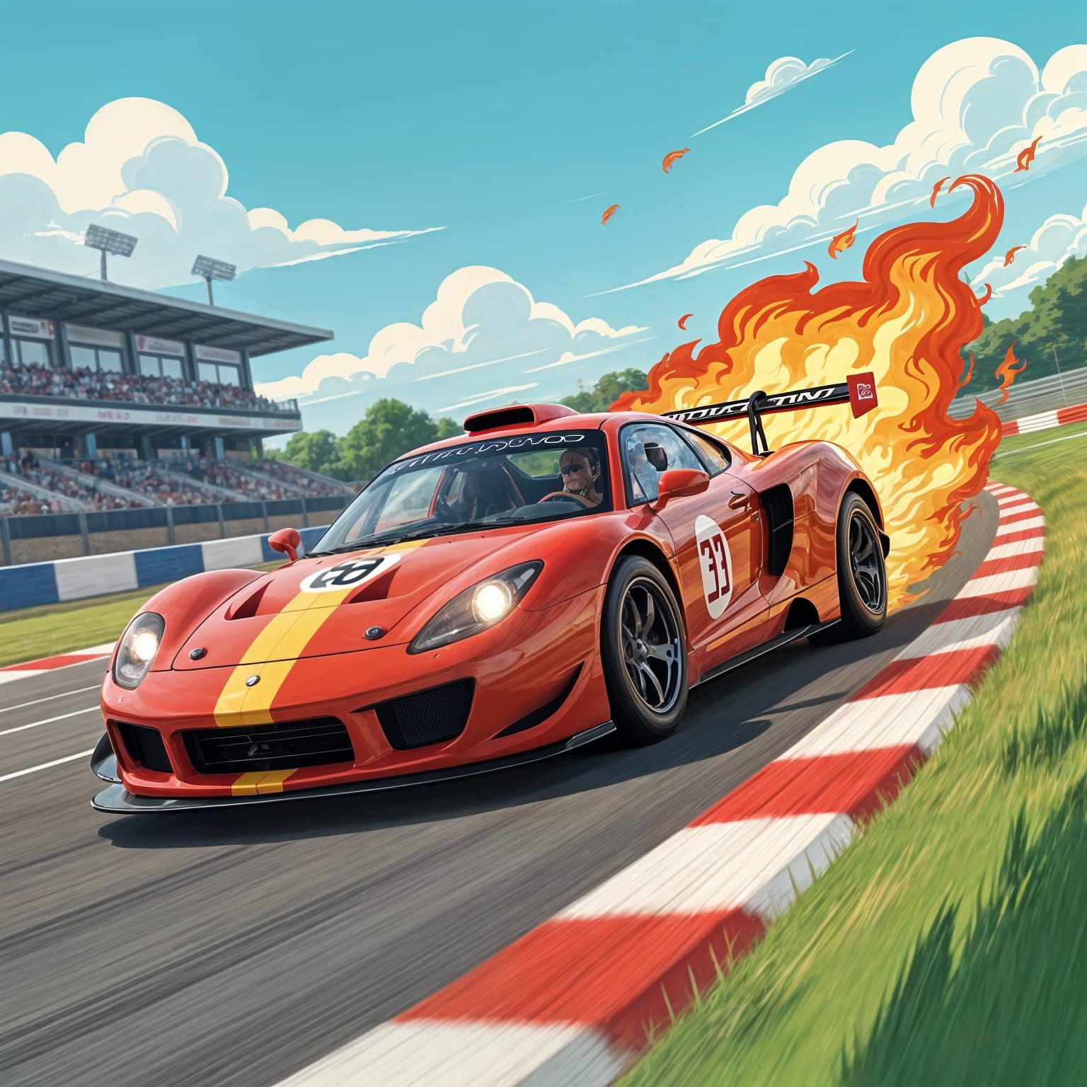 Vibrant Red Race Car in 2D Cartoon Style