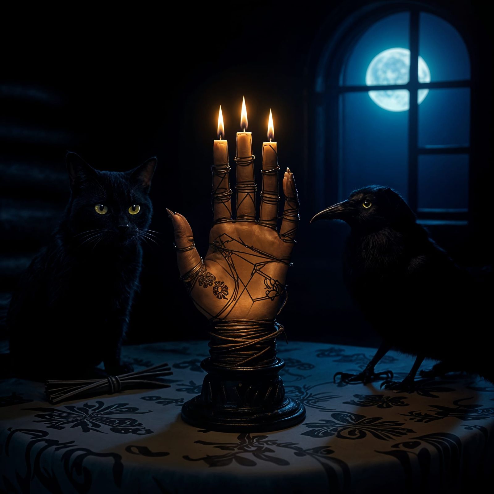 A Hand of Glory with Lit Wicks on a Witch's Altar