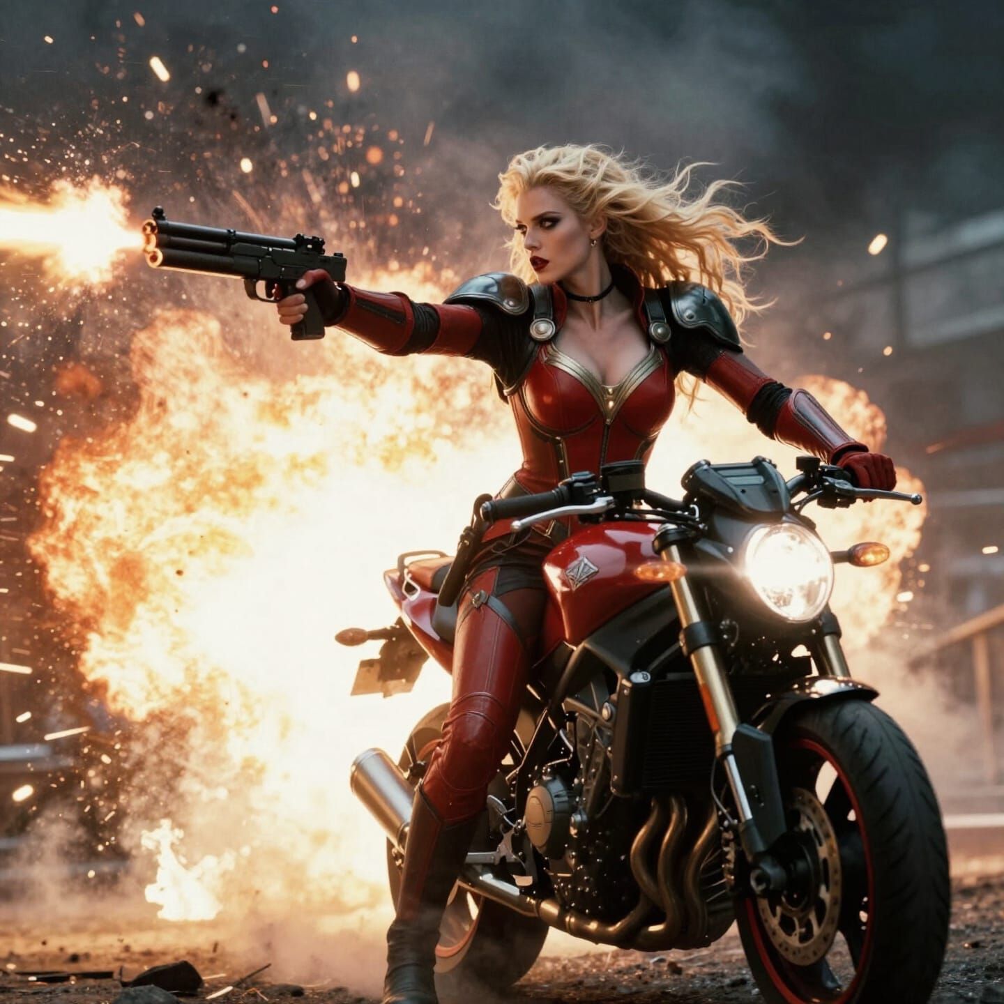 Gothic Goddess Superhero Rides Motorbike Through Explosion