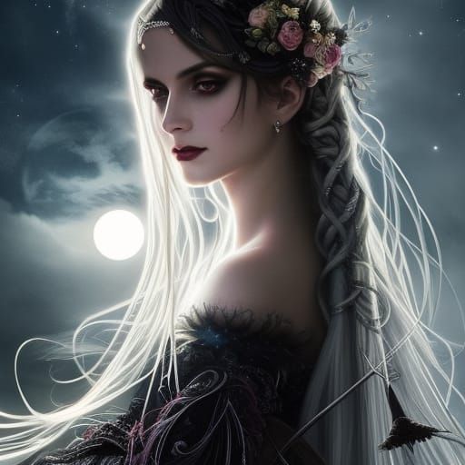 Beautiful Witch Portrait Under Moonlight in Art Nouveau Styl...
